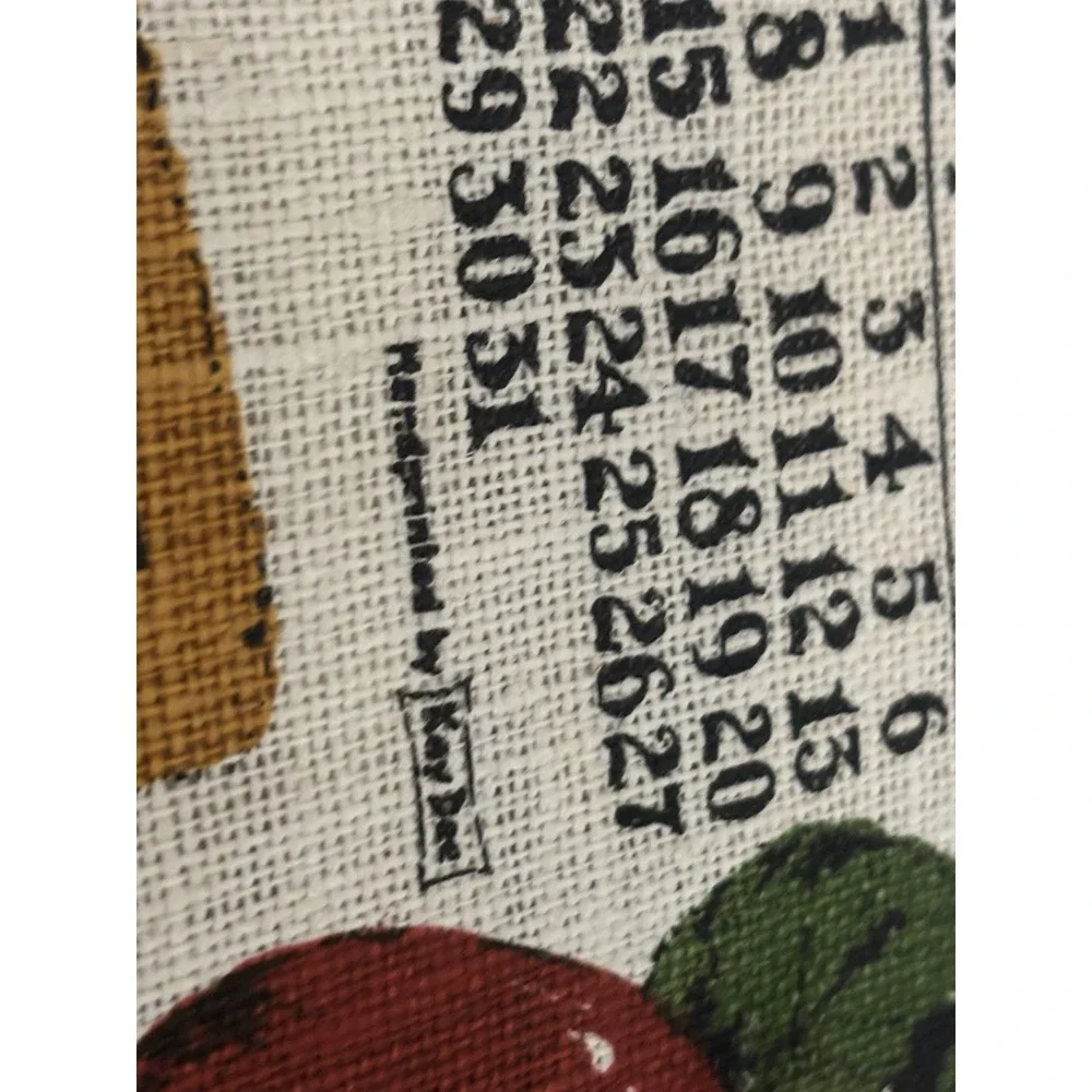 1975 Vintage MCM Linen Calendar Tea Towel Wall Hanging Country Apples Folk Art